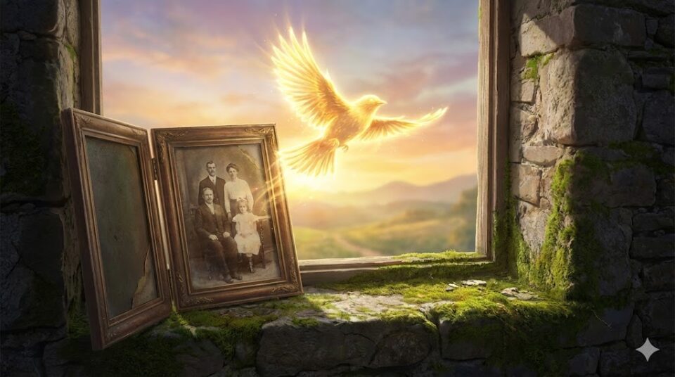 別れる夢 家族 その他 古い家族写真のフレームから光の鳥が飛び立つ窓辺の幻想的なイラスト