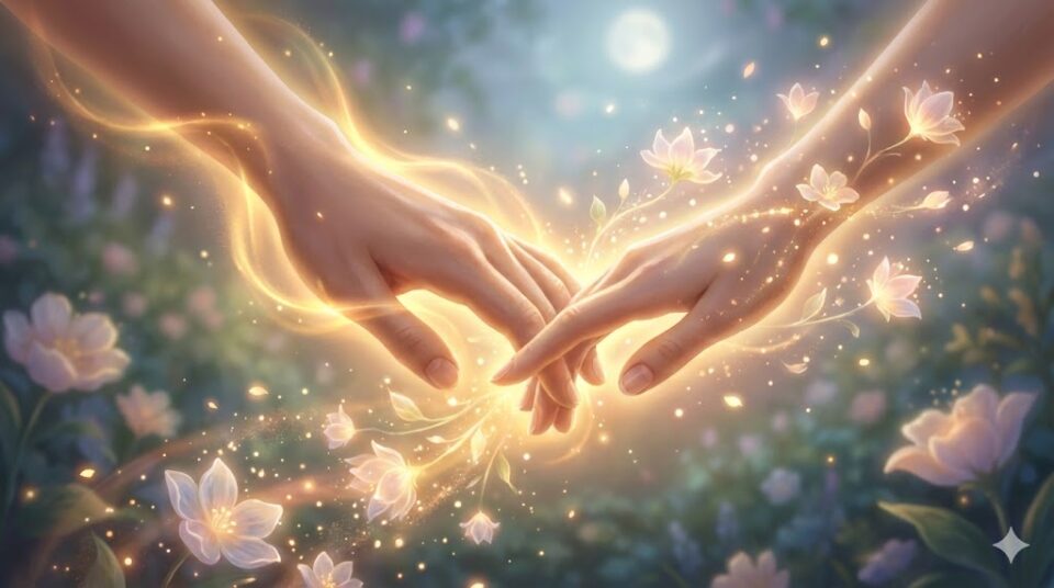 恋人の夢 行動 スキンシップを象徴する、温かい光に包まれて触れ合う手と咲き誇る花の幻想的なイラスト。