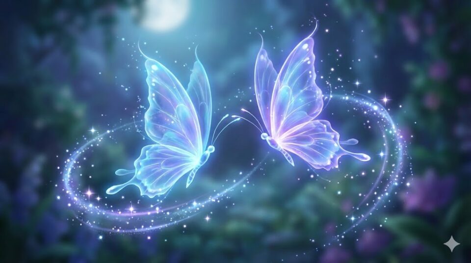昔好きだった人の夢 コミュニケーション スキンシップ別を象徴する、月明かりの下で触れ合う二匹の光の蝶