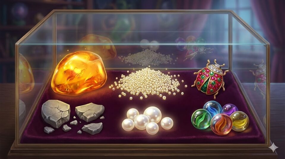夢占い 虫の状態と種類。巨大な琥珀、大量の小さな真珠、てんとう虫のブローチ、砕けた石(死骸)、発光する卵、色付きガラス玉が並ぶ魔法の標本箱のイラスト。