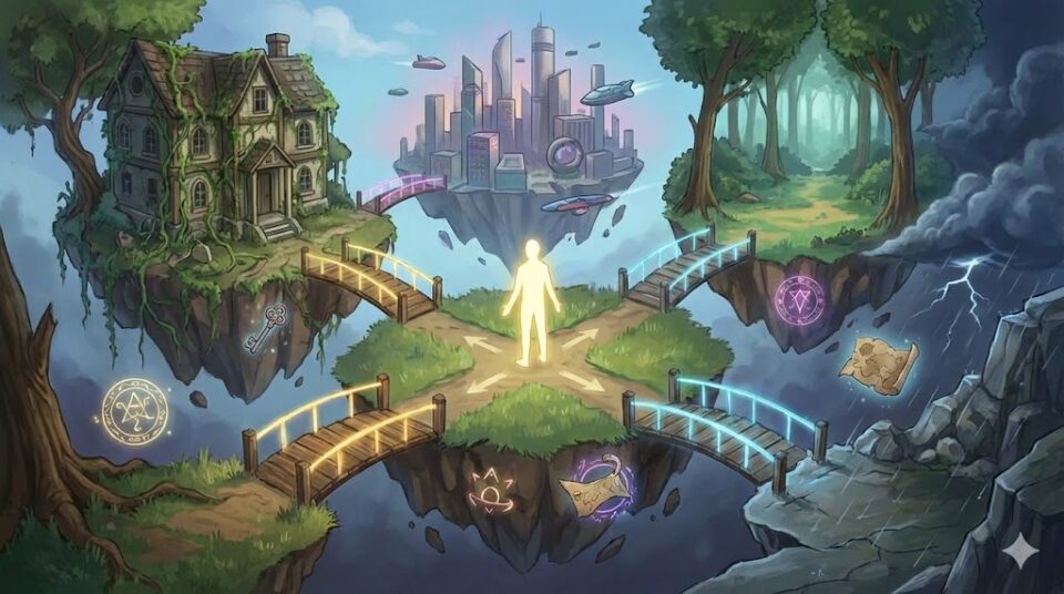 知らない人の夢の意味【場所・状況別】の挿絵。空中に浮かぶ様々な場所(家、都市、森)が橋で繋がった、幻想的なジオラマのイラスト。