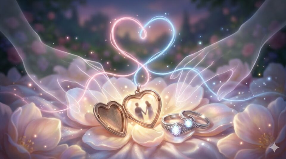 夢占い 同級生 恋愛 スキンシップ 幻想的な光の糸とハート、ロケットペンダント