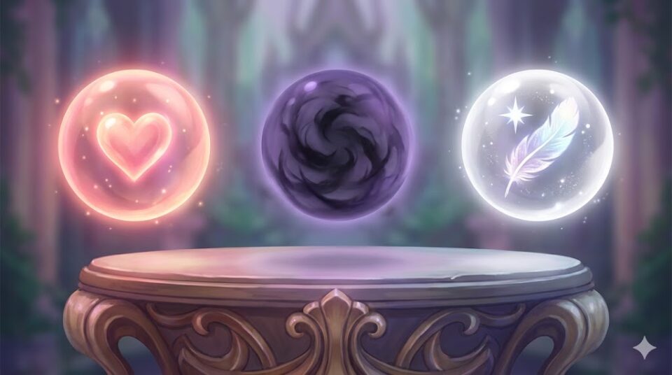 夢占い 好きな人の夢を見る理由。願望(ピンクのハート)、不安(紫の影)、予兆(白い羽)を象徴する3つの光るオーブが並ぶ幻想的なイラスト。