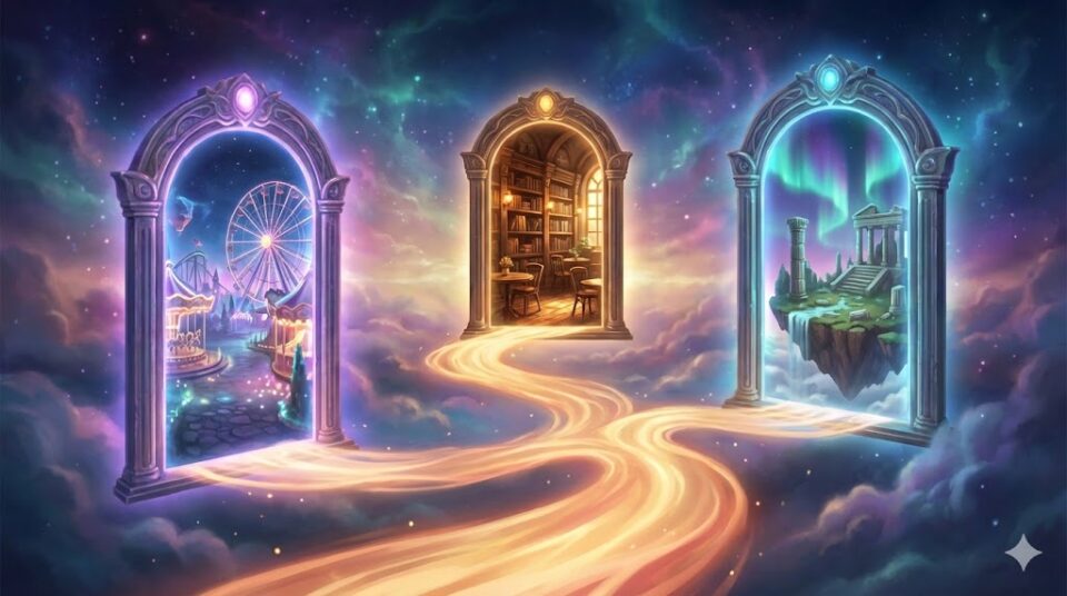 夢占い デートの夢 場所・状況別の挿絵。遊園地、カフェ、異世界へと続く三つの幻想的なポータルのイラスト。