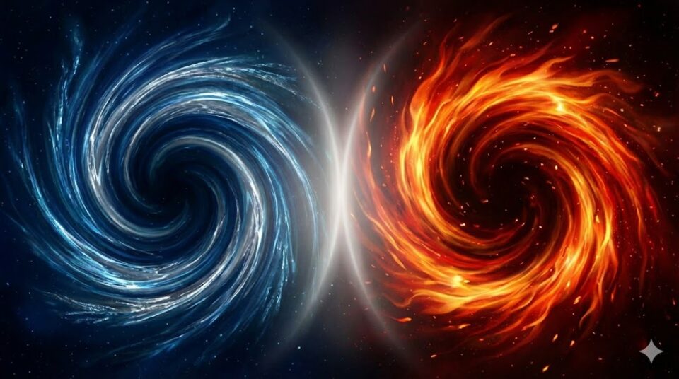 夢占い 振られる夢 感情・行動別の挿絵。悲しみを象徴する青いエネルギーの渦と、怒りを象徴する赤い炎の渦が対峙している抽象的なイラスト。