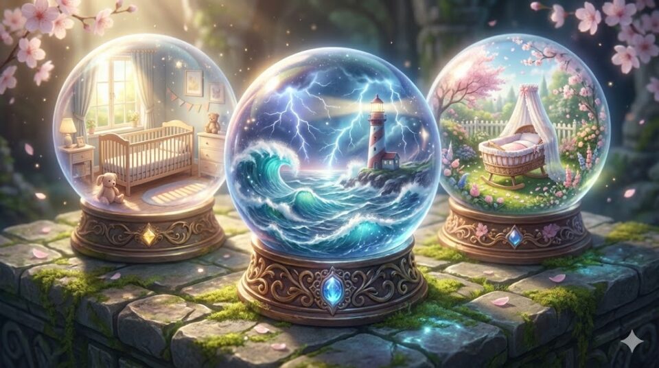 妊婦の夢における場所や状況を象徴する挿絵。穏やかな子供部屋、嵐の海、花畑のゆりかごという異なる風景が閉じ込められた3つのスノードーム