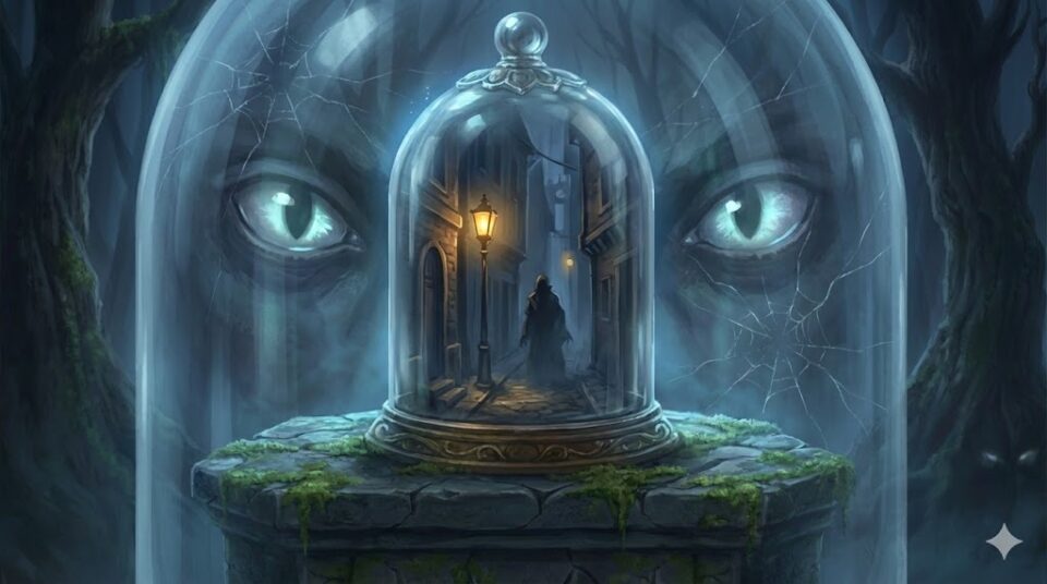 ストーカーの夢における場所や状況を象徴する挿絵。ガラスドームの中に閉じ込められた暗い路地裏