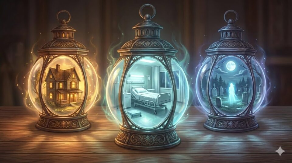 父親の夢における場所や状況を象徴する挿絵。実家、病院の病室、墓地という異なるシチュエーション