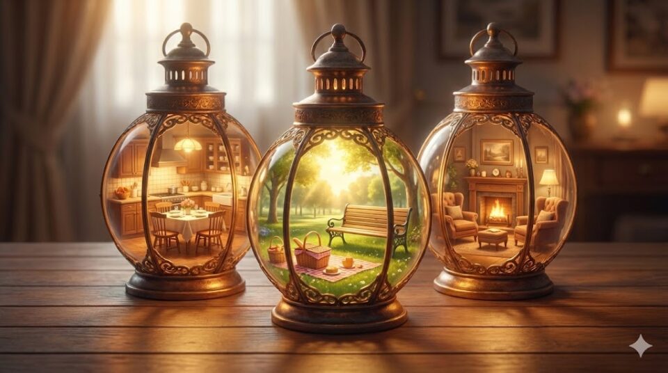 母親の夢における日常やお出かけの状況を象徴する挿絵。温かい食卓、穏やかな公園、心地よいリビングルームのミニチュア