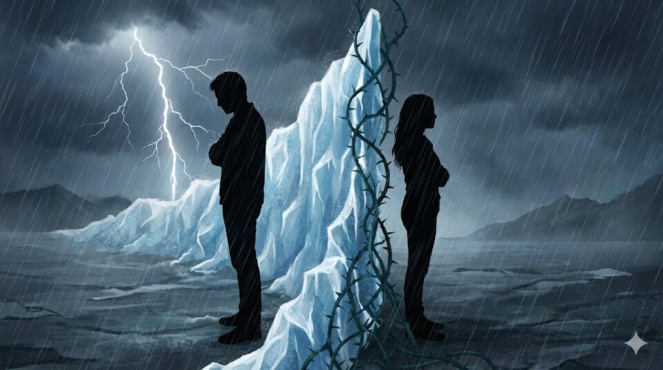 夢占い 元彼とのネガティブな行動。嵐の中で背中合わせに立つ二人の間に、氷の壁と茨が立ちはだかる、対立と拒絶を象徴するダークなイラスト。