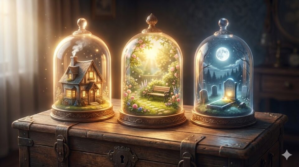 祖母の夢における場所や状況を象徴する挿絵。魔法のガラスドーム