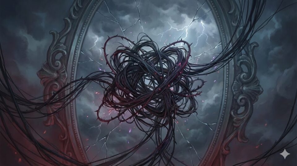 夢占い 友達の夢 ネガティブ 対立 絡まる荊とひび割れた鏡のイラスト