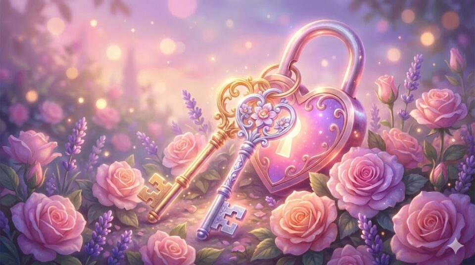 夢占い 同僚の夢 恋愛 プライベート 寄り添う二つの鍵とハート型の錠前、花のイラスト