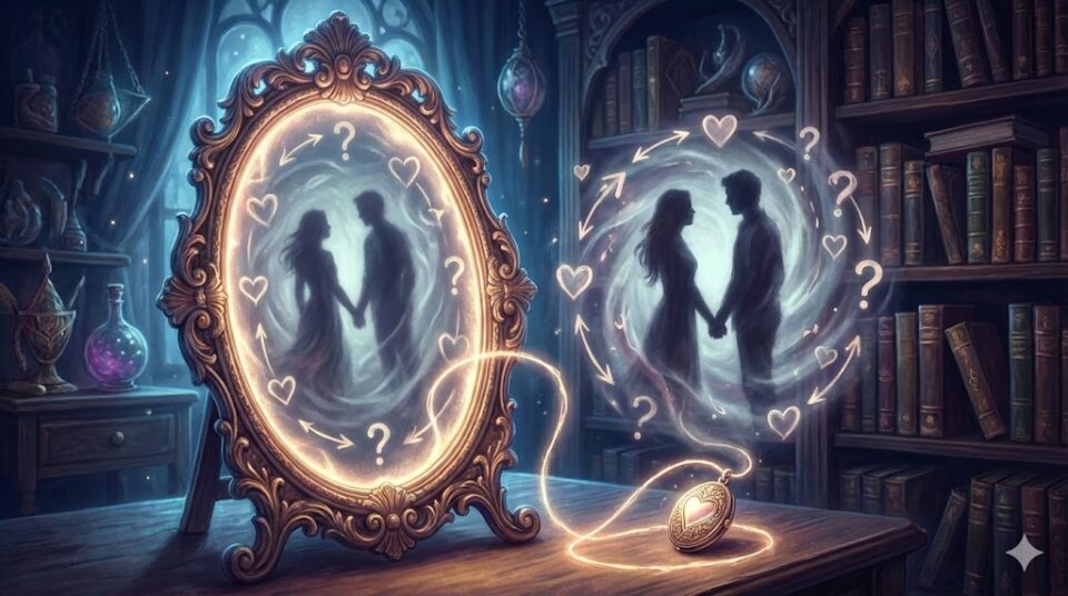 夢占い 恋愛の夢 原因 対象 魔法の鏡に映る二人のシルエットとロケットのイラスト