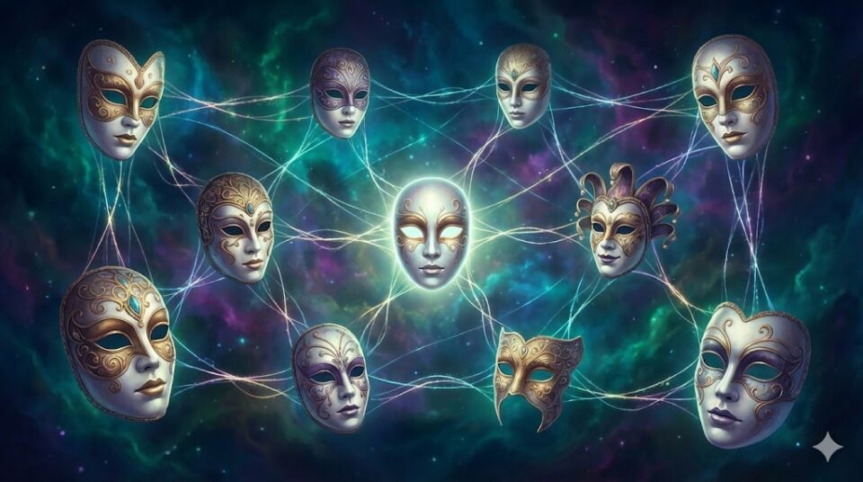 夢占い 告白の夢 原因 対象 周囲の人 意外な相手 光の糸で繋がる複数の仮面のイラスト