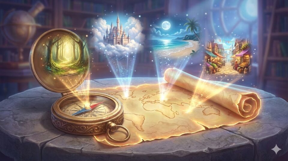 夢占い 場所 状況 羅針盤と地図から浮かび上がる幻想的な風景のホログラムイラスト