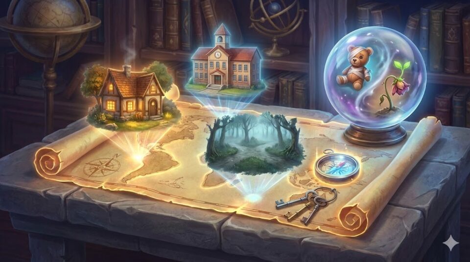 夢占い 弟 場所 状況 魔法の地図から家や学校が浮かび上がり、水晶玉が怪我や再生の状況を映し出すイラスト