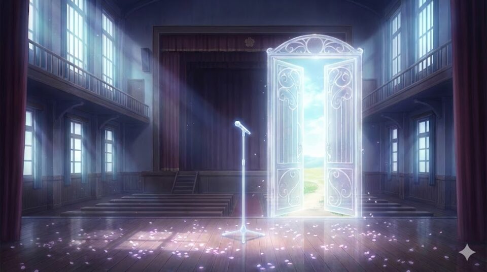 夢占い 卒業式 場所 状況 静寂な体育館のステージから光の扉が開かれ、新たな世界が見える幻想的なイラスト