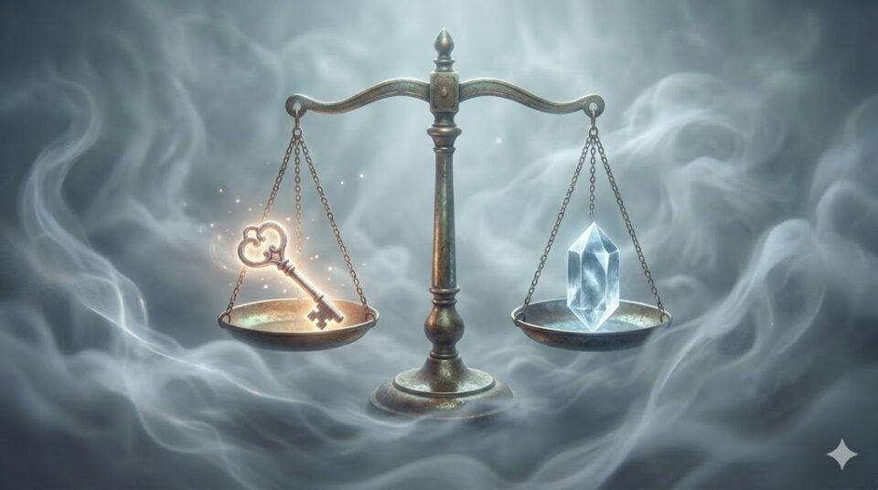 夢占い 復縁 戸惑い 霧の中の天秤 ハートの鍵と水晶の対比