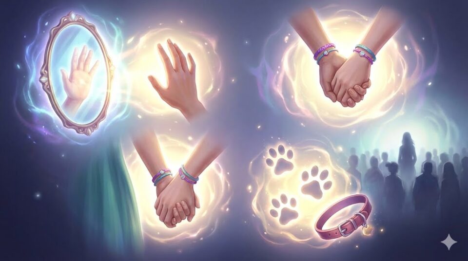 夢占い 妊娠 人物 自分 友達 他人 ペット 異なる人物や動物(人間のシルエット、友情を象徴する手、遠くの人物、動物の足跡)が、それぞれの中心に光る生命の輝きを持つ幻想的なイラスト。