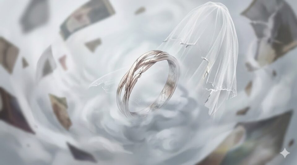 夢占い 元彼 結婚 戸惑い 違和感 霧に包まれたヒビのある結婚指輪とウエディングドレス