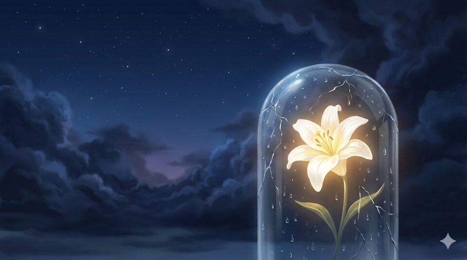 元彼と喧嘩して疲れるのにスッキリする理由を象徴する、嵐の後の静けさに咲く純白のユリとガラスドームのイラスト