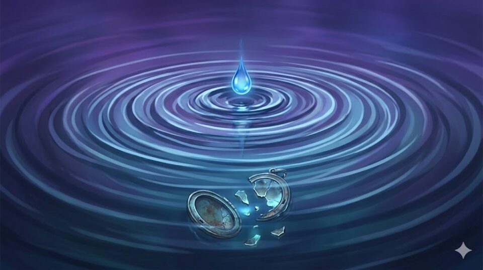 元彼と再会して心がざわつく理由を象徴する、水面に落ちる一滴の雫と砕けたペンダント、広がる波紋のイラスト