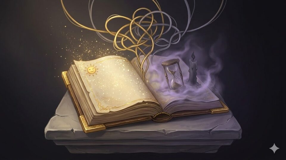 元彼と話して違和感や戸惑いが残る理由を象徴する、浮かび上がる本の開かれた金と灰色の糸の結び目、壊れた砂時計の幻想的なイラスト