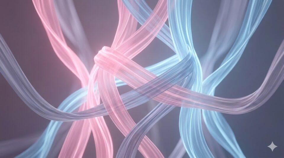 添い寝する夢の意味【感情・行動別】 渦巻く光のリボンが抱きしめる動きを模した幻想的なイラストレーション