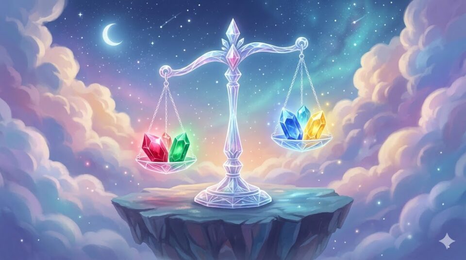 好きな人が右側にいる夢の多様な感情 異なる色の感情クリスタルが載った天秤の幻想的なイラストレーション