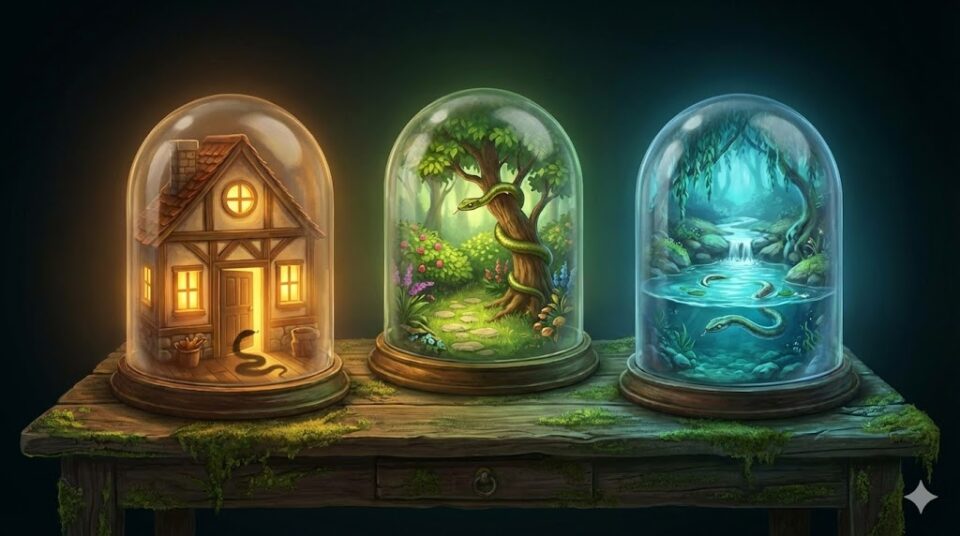 夢占い 蛇 場所 家 庭 水辺 それぞれの場所に蛇がいるミニチュアのガラスドームのイラスト