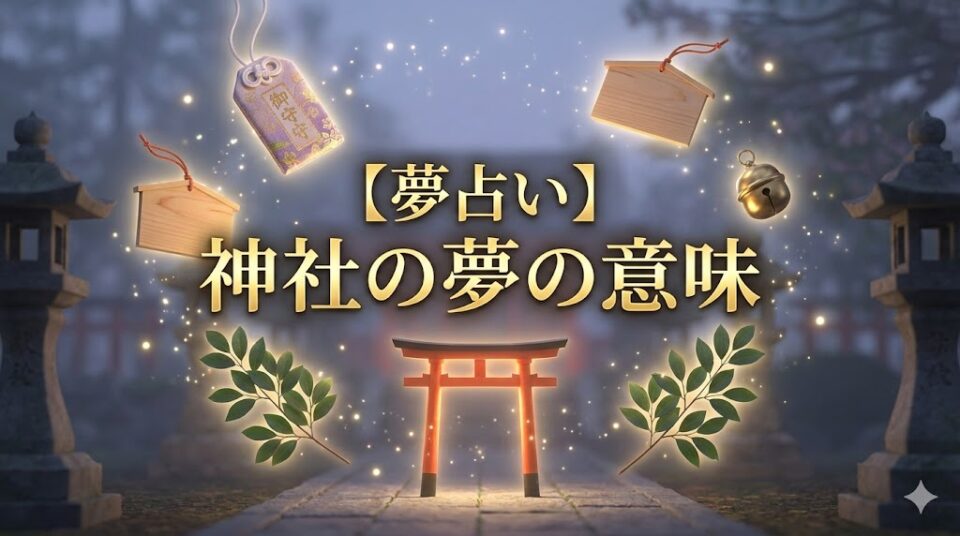 夢占い 神社の夢の意味 タイトル文字と、光る鳥居、お守り、絵馬、鈴が浮かぶ幻想的な境内のイラスト