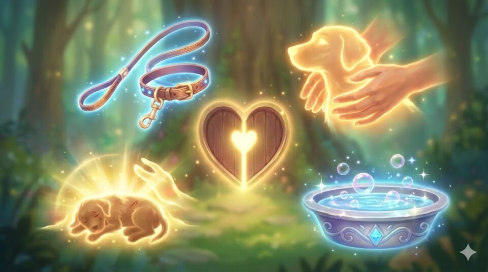 夢占い 犬 自分の行動 深層心理 飼うリード、撫でる光の手、助ける光、洗う水桶が心の扉を囲むイラスト