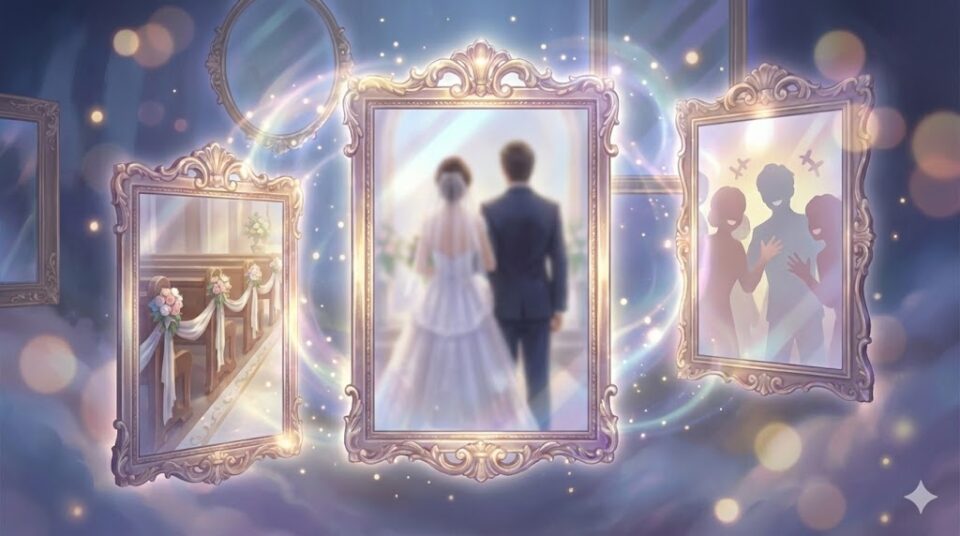 夢占い 誰の結婚式か(自分、参列、友人など)の異なる視点を映し出す複数の幻想的な鏡のイラスト