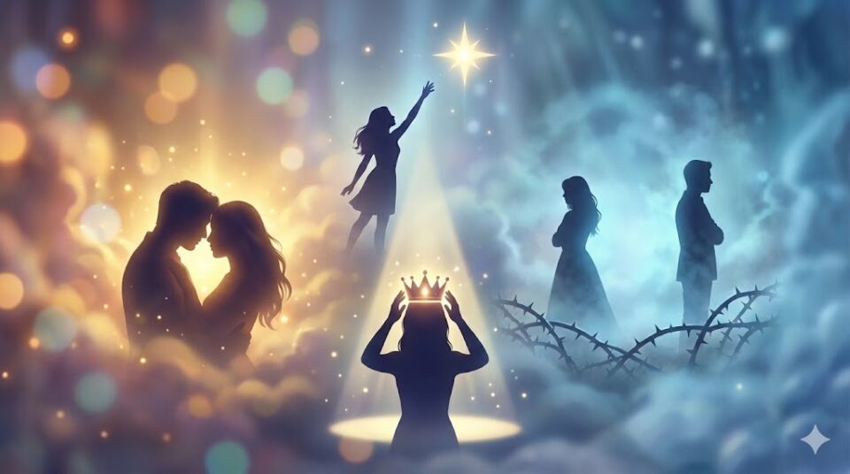 夢占い 芸能人の夢の原因(憧れ、承認欲求)と対象(好き、嫌い)を象徴する幻想的なシルエットのイラスト