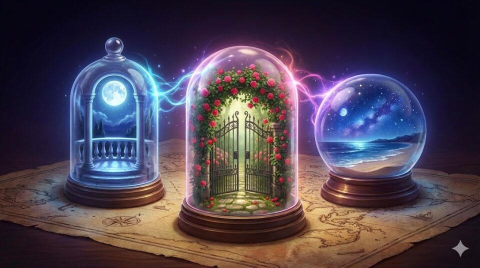 キスの夢 場所 状況別 月夜のバルコニー、バラの門、星空のビーチが閉じ込められたスノードームのイラスト