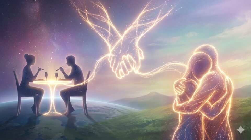 夢占い 亡くなった人 行動 交流 光の糸で繋がれた手と手、食事をする光のシルエットの抽象的なイラスト