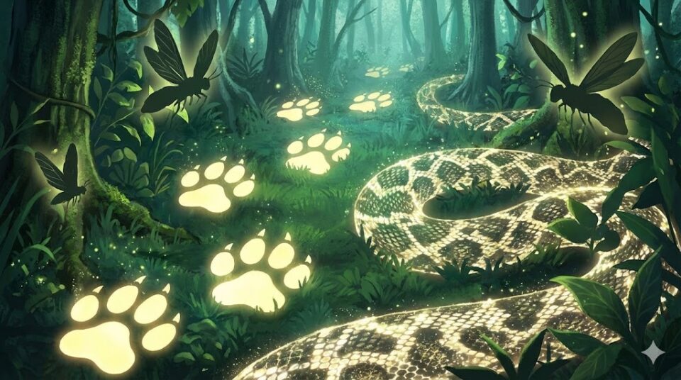 夢占い 追いかけられる夢の対象(熊、蛇、虫)を象徴する、光る足跡、蛇の模様、虫の影の幻想的なイラスト