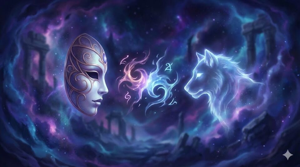 夢占い 他人や動物と喧嘩する夢 神秘的な仮面と狼の精霊が対峙する幻想的なイラスト