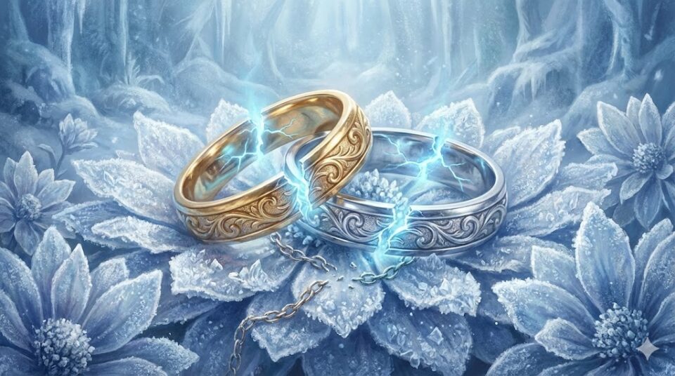 夢占い 浮気される夢 パートナー別 ひび割れて青い光を放つ二つの指輪のイラスト