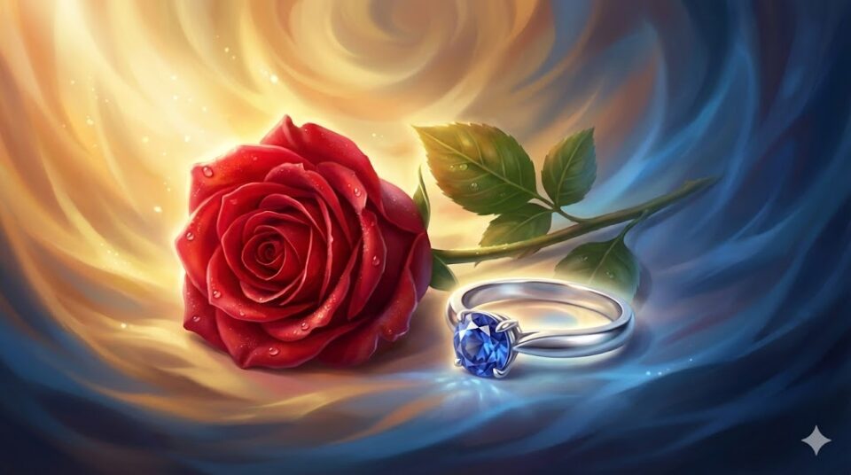 夢占い プロポーズの夢 アイテム 結果 感情別 幻想的な光に包まれた一輪の薔薇と指輪のイラスト