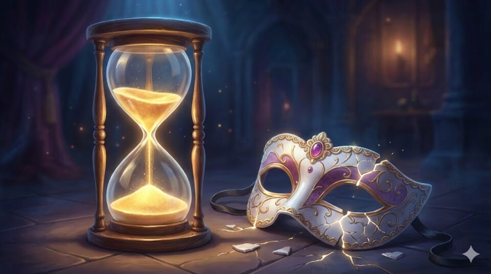 夢占い 自分が不倫する夢 展開・結果別 砂が落ちきそうな砂時計と割れた仮面のイラスト