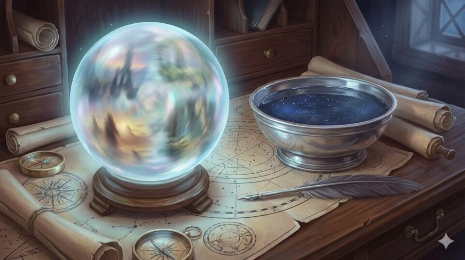 元旦那の夢の状況や様子を象徴する、未来を映し出す水晶玉と水鏡、星図が置かれた机の上の幻想的な静物画イラスト。