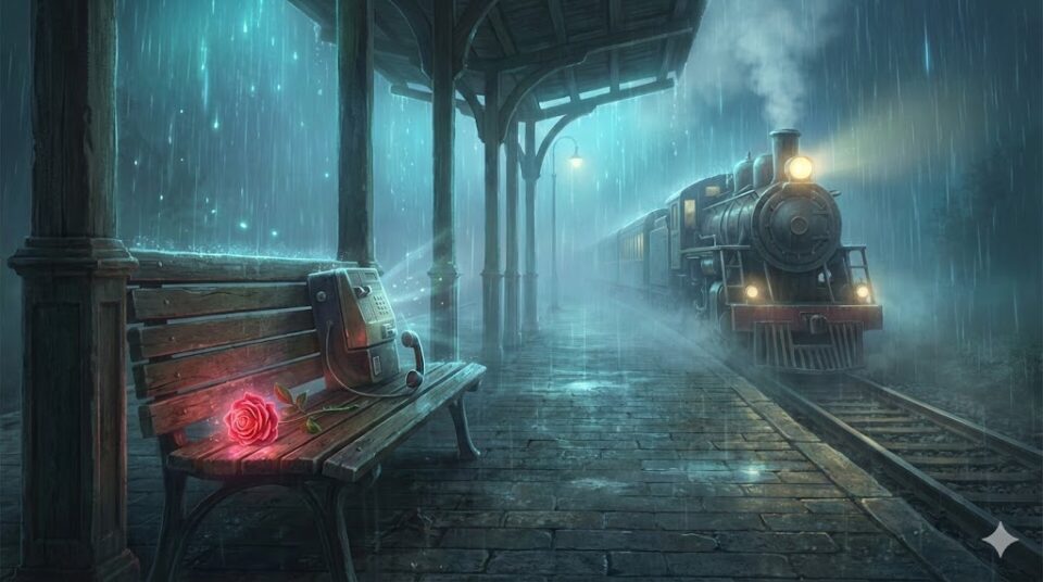 別れる夢 シチュエーション 雨の駅のホームでベンチに残されたバラと電話、走り去る列車を描いた幻想的なイラスト