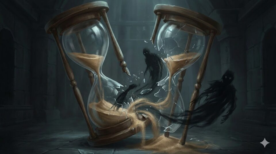 恋人の夢 危機 ショッキングな状況を象徴する、崩れ落ちる砂時計と現れる黒い影の幻想的なイラスト。