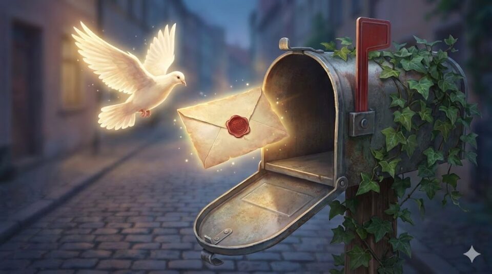 復縁する夢 状況 アプローチ別を象徴する、光の鳩が封蝋された手紙を郵便受けに届ける