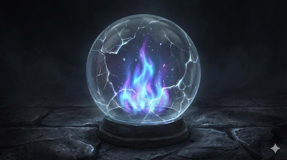 昔好きだった人の夢 トラブル ネガティブな状況別を象徴する、ひび割れたガラスの中で不安定な炎が揺らめく