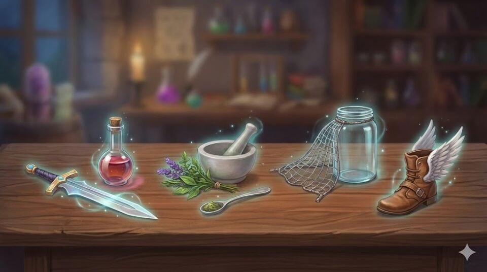 夢占い 虫に対する行動。退治・殺すための剣と薬瓶、食べるためのハーブと乳鉢、捕まえるための網と瓶、逃げるための羽付きブーツが置かれた錬金術師の机のイラスト。