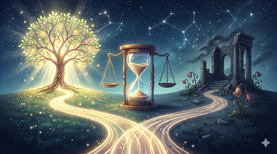 知らない人の夢の意味【結末別】の挿絵。光輝く木と荒廃した遺跡へと続く分岐点、そして中央に天秤が描かれた、夢の結末を象徴するイラスト。