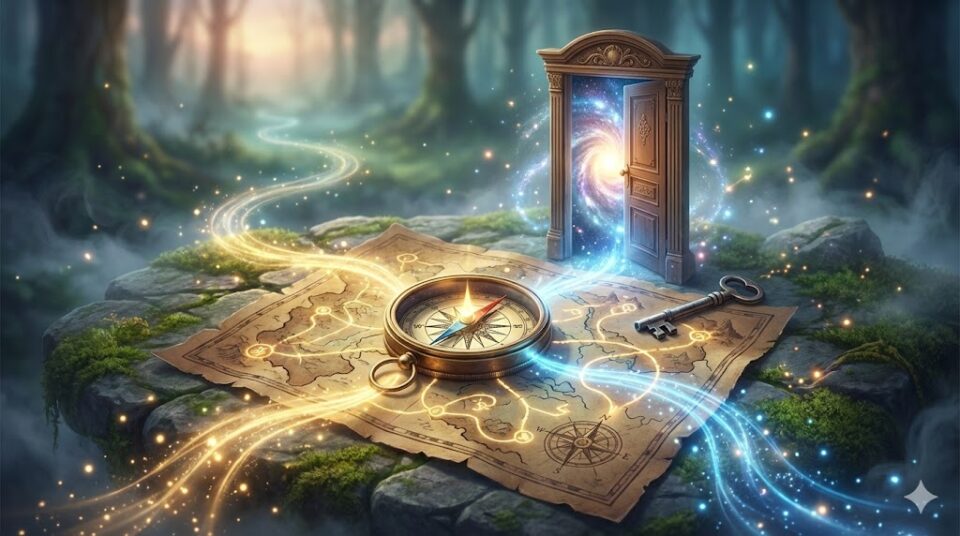 夢占い 同級生 行動 状況 選択 幻想的な羅針盤、地図、扉、鍵の静物画